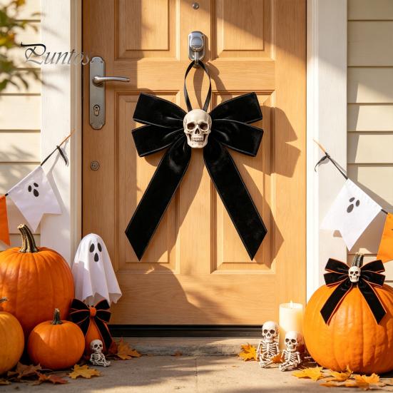Vintage Style Hanging Ornament Halloween Velvet Bows with Skull Ornaments for Tree Decoration, Black Bow Pendant Gothic Flannel Home Holiday