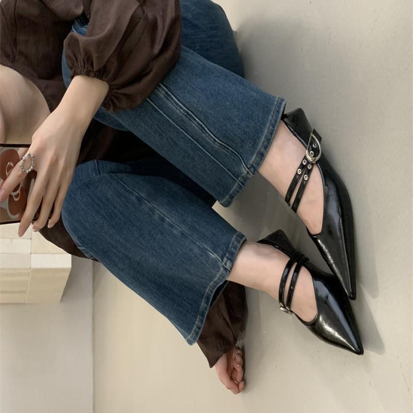 Pointed single shoes women's autumn and winter flat-bottomed soft leather double strip Mary Jane shoes spring and summer 2025 new fashion versatile