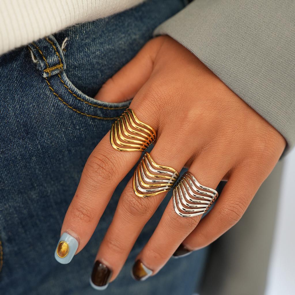 Stainless Steel Geometric Line Ring Creative Gold Color Adjustable Opening Ring Men Women Fashion Jewelry Gift