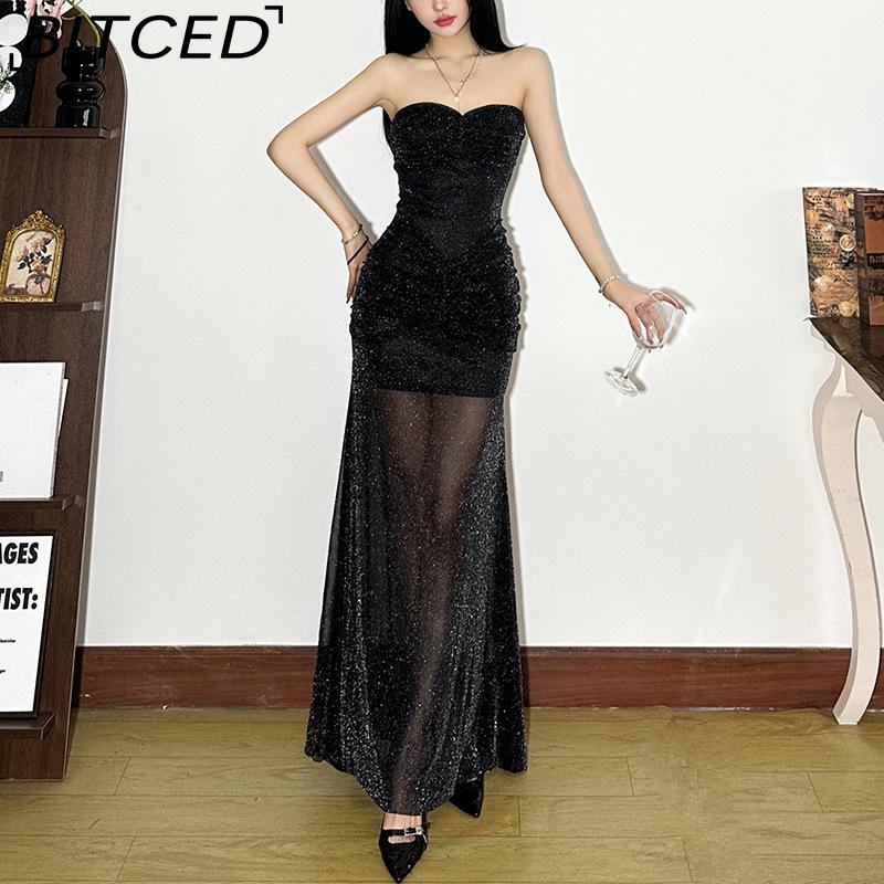 BITCED Fall/Winter Women's Solid-Color Slim-Fit Streetwear Off-the-Shoulder Strapless Dress