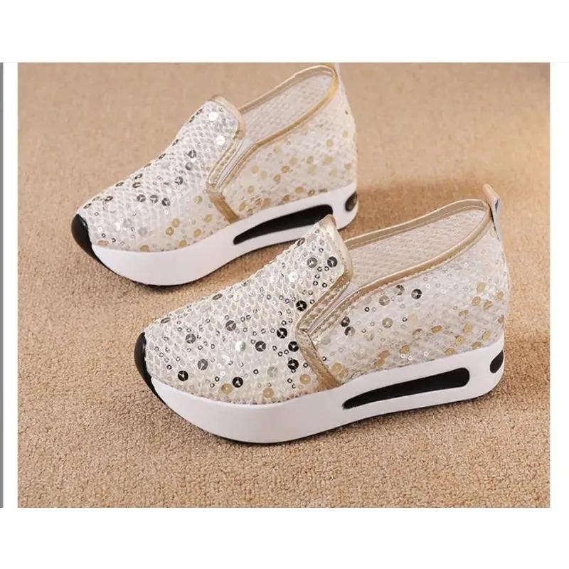 Fashion Women's Sneakers Floral Glitter Embroidery Mesh Sneakers for Women Slip On Casual Comfy Heeled Shoes Woman Wedges Shoes