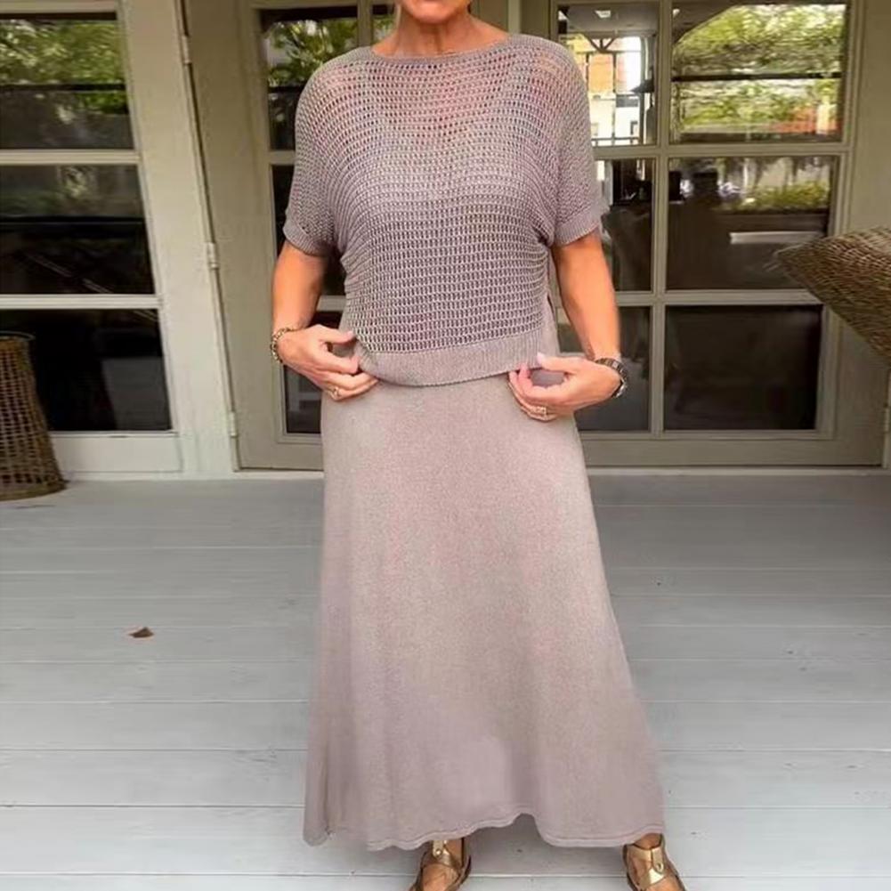 2 Pcs/Set Women Top Dress Set Hollow Out Knitted Round Neck Short Sleeve Top V Neck A-line Sleeveless Sundress Lady Midi Dress C