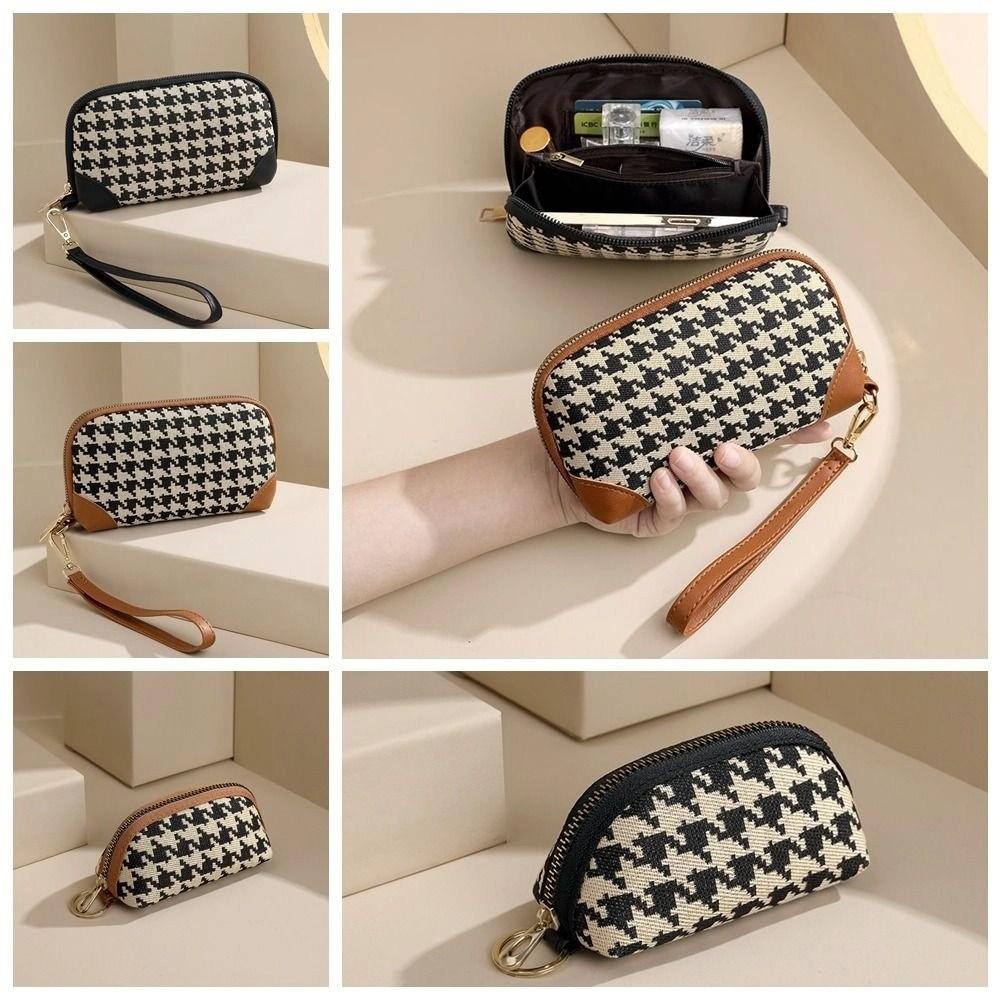 Pu Leather Long Style Wallet Car Key Bag Canvas Houndstooth Zipper Purse Coin Purse Money Clip Square Change Purse Girls