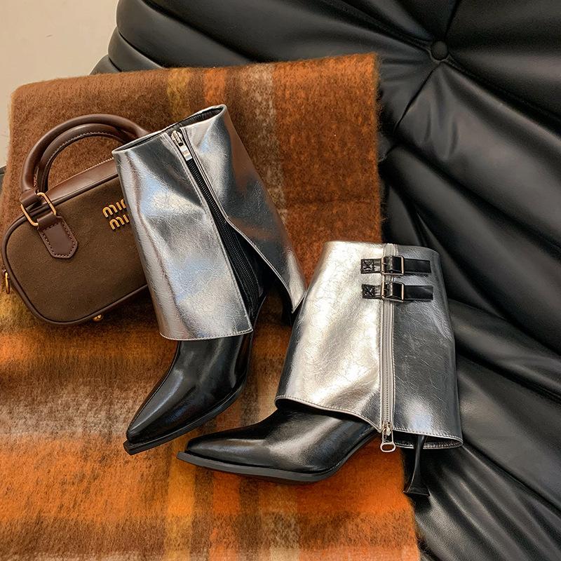 

2025 summer new metal buckle pointed toe wedge heel medium heel boots medium boots high boots low heel women s shoes 40 серебряный