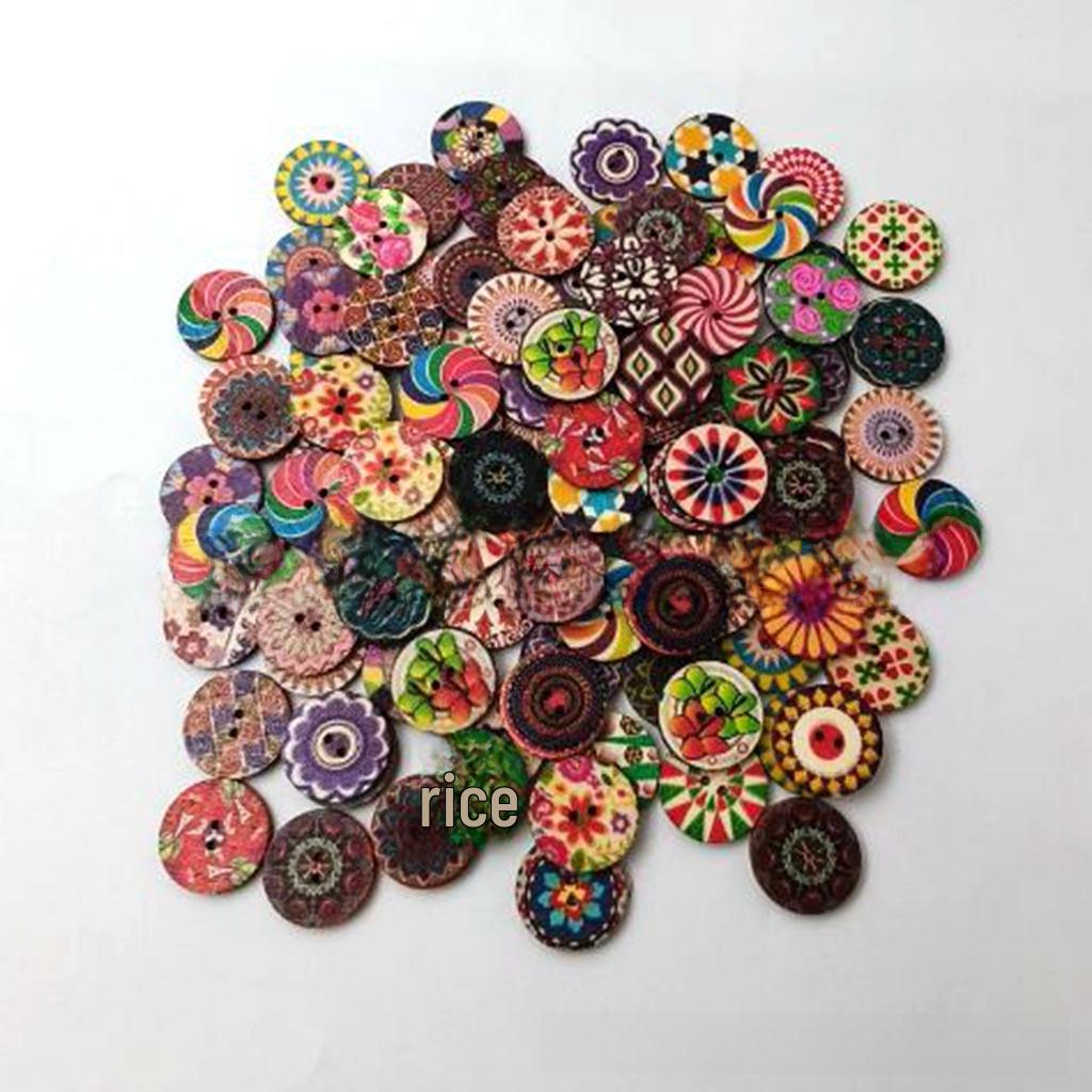 100-Pack Retro Wooden Round Buttons: 15/20/25mm Painted & Printed