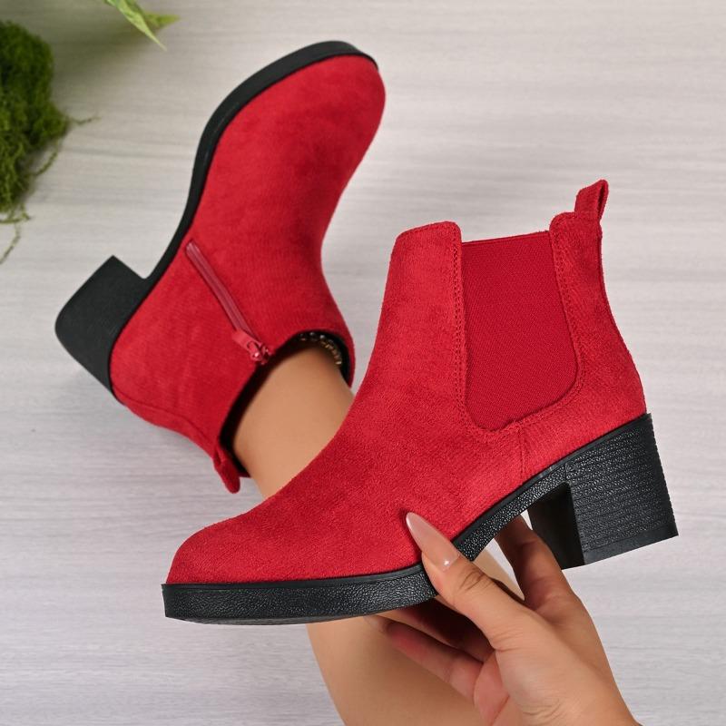 Women's Block Heel Booties Autumn New Round Toe Suede Side Zip Platform Anti-Slip Wear-Resistant Single Boots