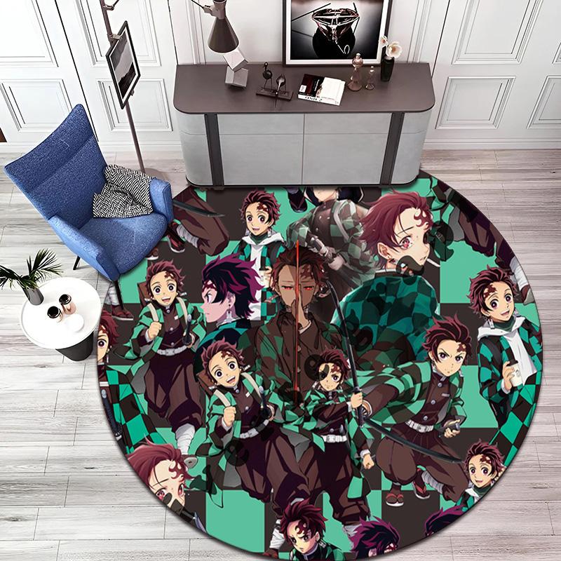 Classic Japanese-style Cartoon Demon Slayer Round Rug, Home Soft Decorative Anti-slip Yoga Mat and Chair Mat, Outdoor Floor Mat Carpet K24