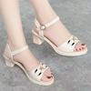 2025 summer new sandals women's soft leather soft sole medium heel thick heel mother fish mouth leaking toe with fashion women's shoes