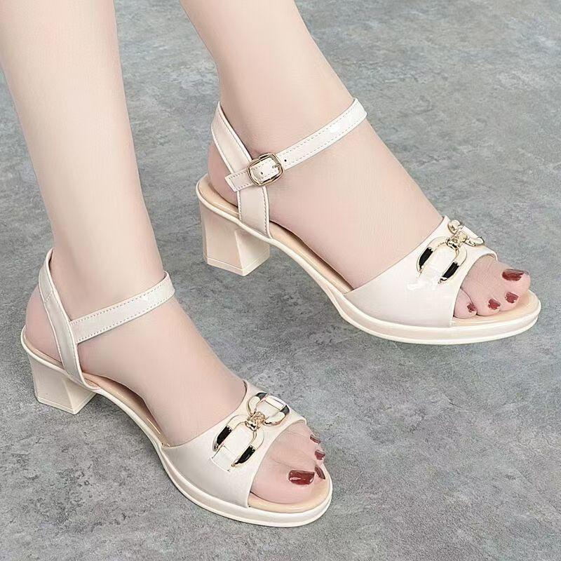 2025 summer new sandals women's soft leather soft sole medium heel thick heel mother fish mouth leaking toe with fashion women's shoes