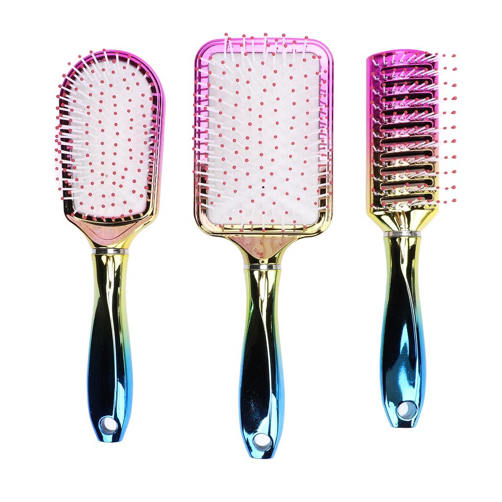 3pcs Gradient Electroplating Paddle Hairbrush Set Detangling Hair Brush Set Air Cushion Comb Nylon