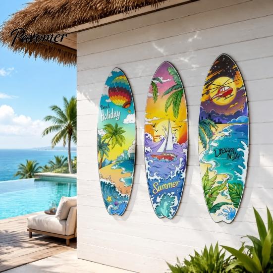 Summer Island Room Decoration 3Pcs Wooden Beach Surfboard Wall Decor, Tropical Ocean Theme Hanging Sign, Seaside Bedroom Ornament for Living Office TV