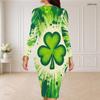 Women Plus Size Round Neck Long Sleeve Dark Green Clover Printed Bodycon Midi Dress