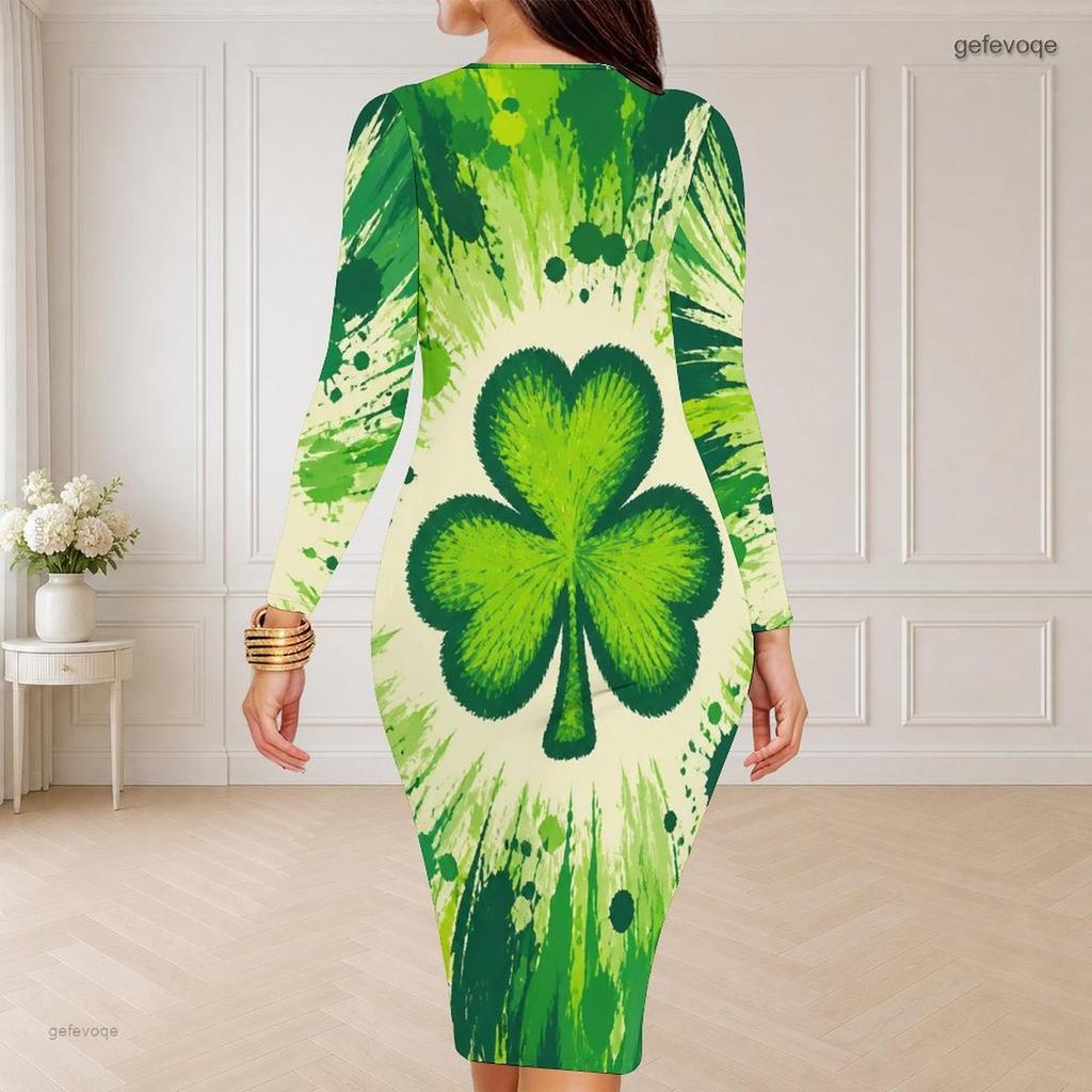 Women Plus Size Round Neck Long Sleeve Dark Green Clover Printed Bodycon Midi Dress