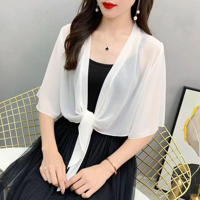 Women's Summer Strappy Dress & Shawl Set with Chiffon Top and Short Cardigan, Lightweight Sun Protection Outerwear