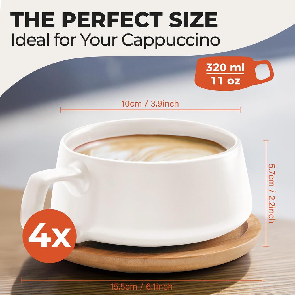 MIAMIO - Coffee Cup & Saucer Set (320ml X 4) - Elegant and Modern Stoneware Coffee Mugs, Set of 4, Luxe Collection (White)