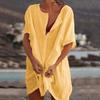 Plus Size Summer Women Solid Color Deep V Neck Short Sleeve Loose Cover Up Dress