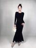Heat-Generating Black Fishtail Evening Dress: Elegant, Versatile, and Fashionable with a Simple Round Neck Design