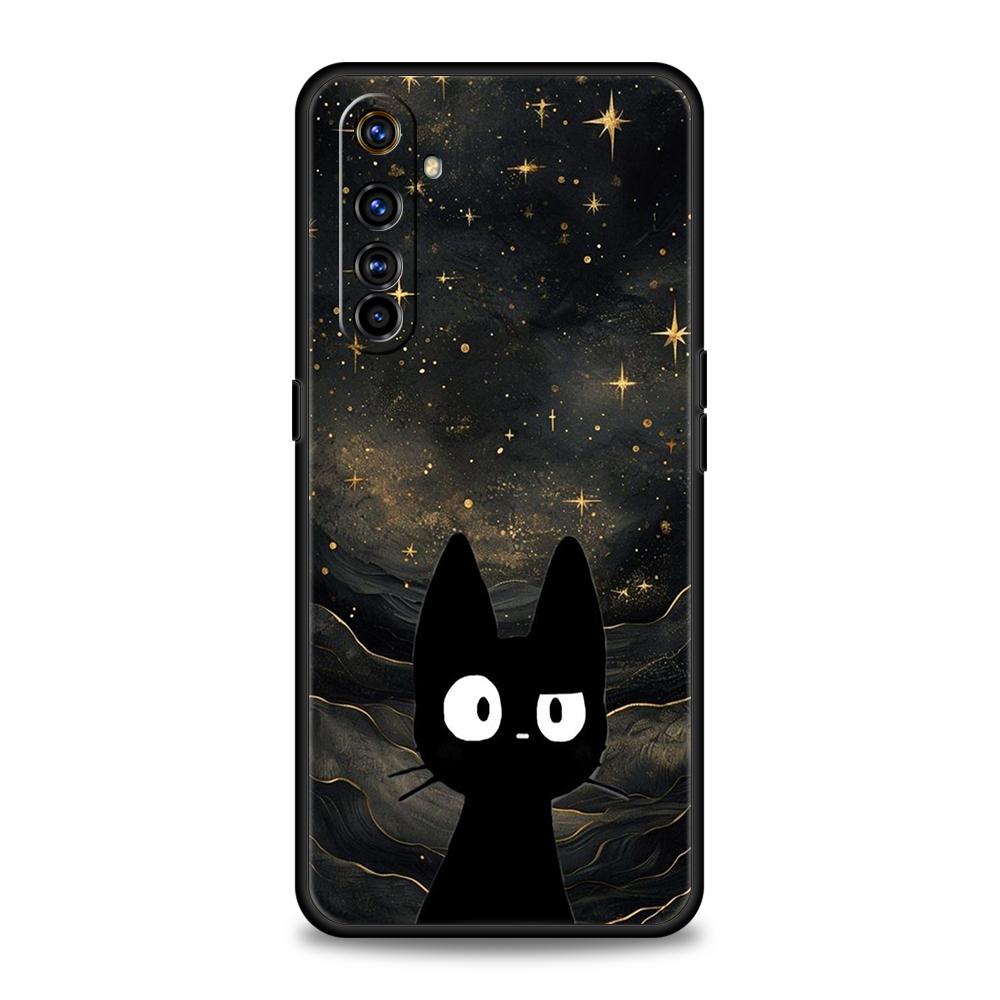 Soft TPU For Realme 11 10 9 Pro Plus GT2 GT3 GT5 C21 C25 C35 C53 C55 C67 Pro 5G Phone Case Cute Color Starry Sky Black Cat Capas