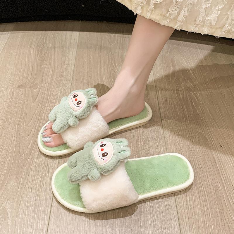 Home Warm Mao Mao Slippers Winter 2025 New Soft Bottom Cartoon Doll Decoration One-Word Cotton Slippers Non-slip