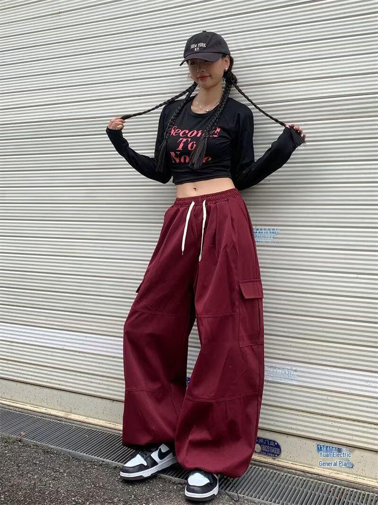 Retro High-Waisted Wide Leg Cargo Pants for Women - Street Dance Hip Hop Trousers, Straight Leg, Floor-Length