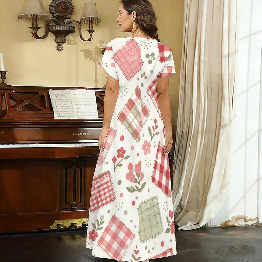 Women Plus Size V Neck Short Sleeve Printed Straight Maxi Dress