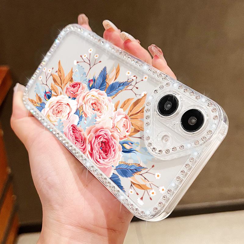 Luxury Floral Pattern Clear Shockproof Case For iPhone 16 Pro Max 16E 15 14 Pro 13 12 11 Diamond Frame Anti-Fall Soft Silicone Phone Cover