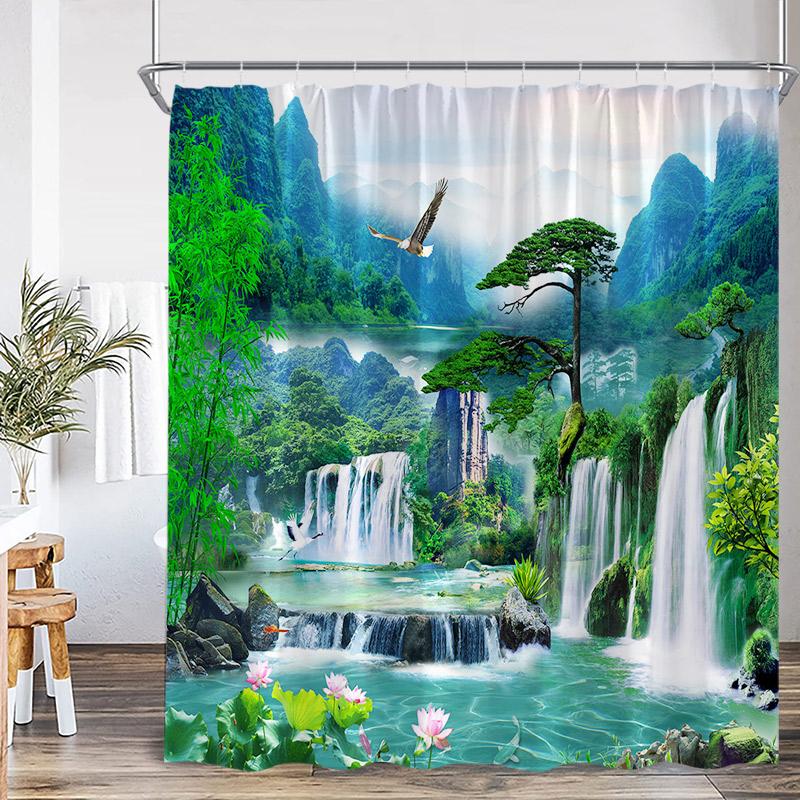 Nature Waterfall Landscape Shower Curtains Forest Lake Crane Lotus Flowers Chinese Style Scenery Home Bathroom Curtain Decor Set