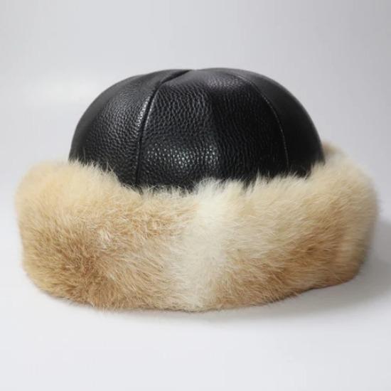 New Winter Real Rabbit Fur Hat Unisex Natural Real Cow Leather Fedoras Hats Women Outdoor Warm Real Rabbit Fur Caps