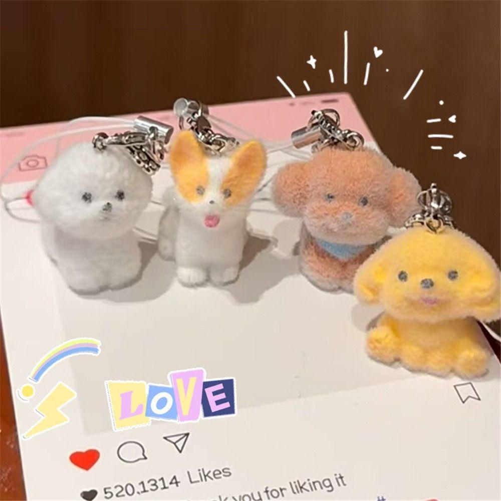 Mini Size Cute Cartoon Dog Keychain Flocking Phone Lanyard Phone Chain Keychain