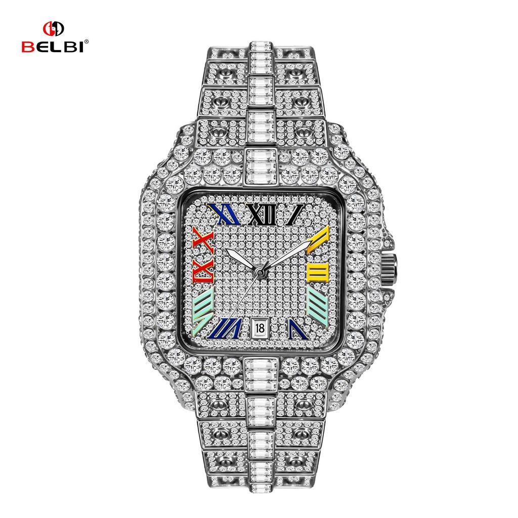 Mens Iced Out Watch Square Full Diamond Quartz Wrist Watch with Luminous Hands Date Waterproof Hip Hop Style