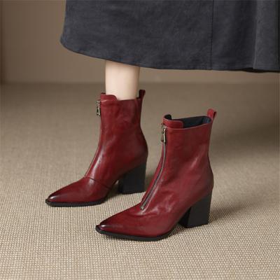 Fashion New Autumn/winter Genuine Leather Women Boots Pointed Toe Shoes for Women Fashion Boots High Heels Short Boots Chunky Heels