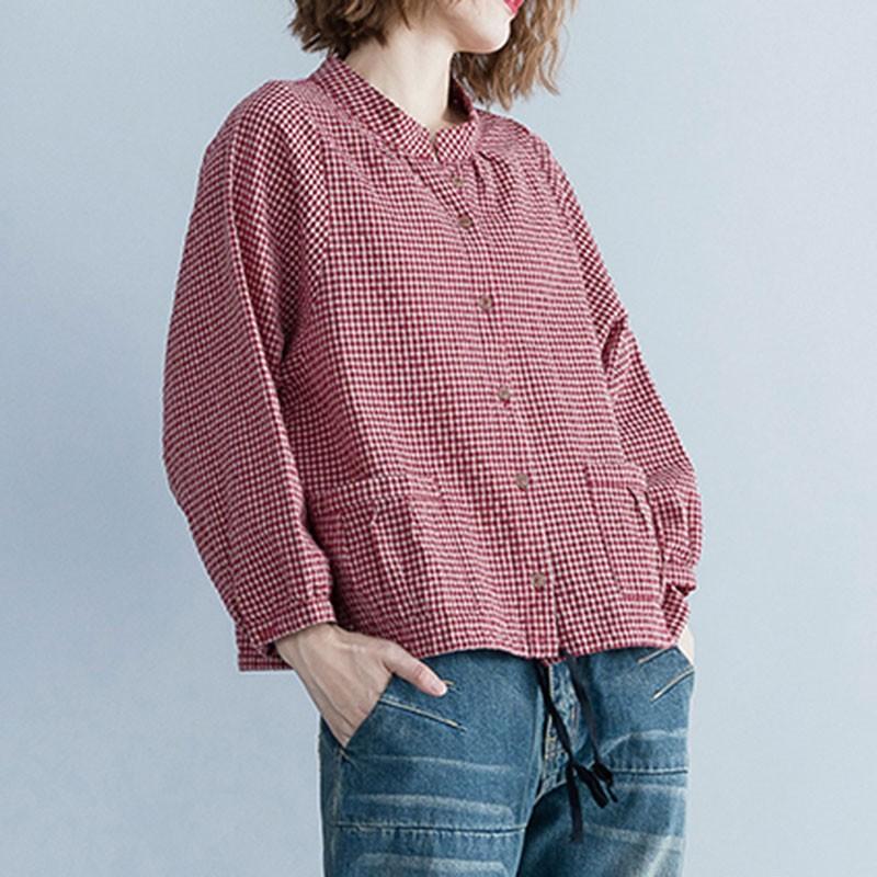 Plaid Cotton Linen Shirt Women Casual Spring Autumn Vintage Shirts Stand Collar Loose Female Long Sleeve Tops