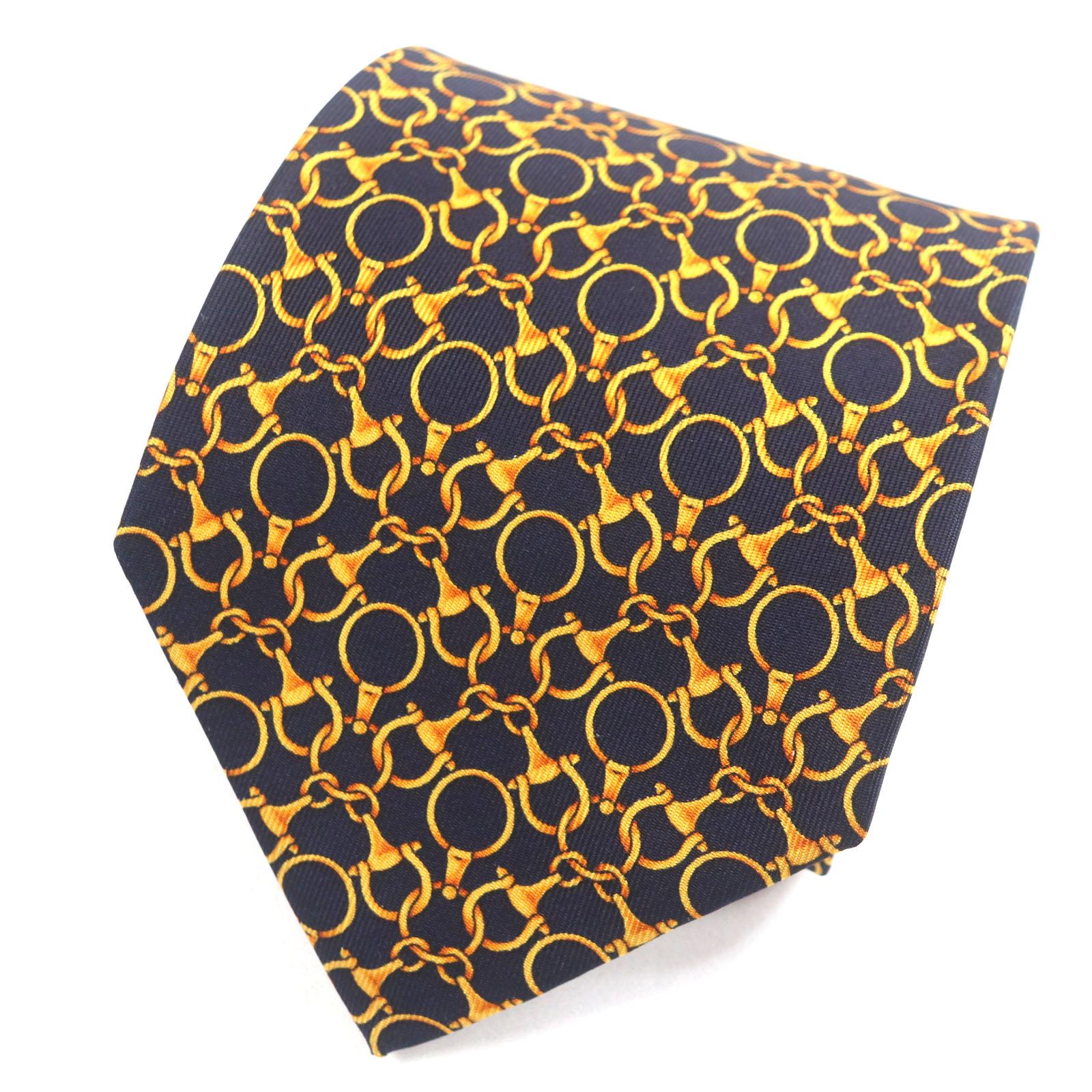 Безупречный галстук GUCCI Cravate Узор «Бит» По всему узору Темно-синий золотой шелк мужской Б/у