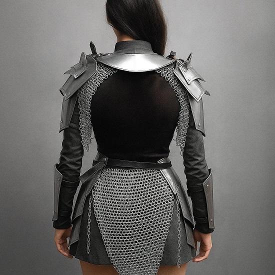 Women’s Medieval Knight Costume Handcrafted Steel Chainmail Armor Set for LARP, Cosplay And Renaissance Fairs