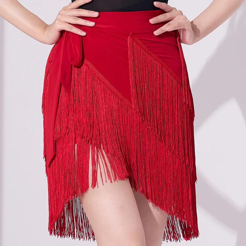 Women Latin Dance Dress Training Suit Short Skirt Sexy Tassel Three-Layer Fringe Dance Costume Training Suit Short Skirt Black