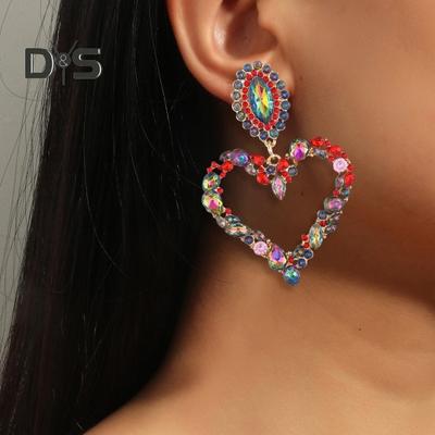 1 Paar Hängende Ohrringe für Frauen, großes hohles Herz, buntes Strass-Dekor, übertriebene Party, Club, Dating, baumelnde Ohrringe, Ohrschmuck