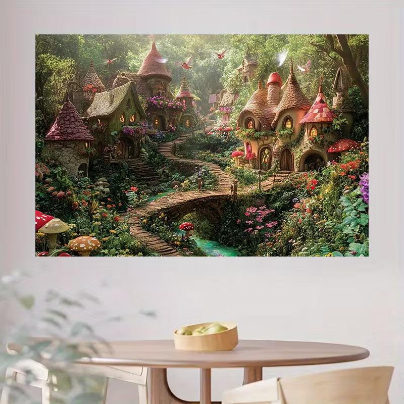 2D Magical Fairy Village Backdrop with Mushroom Houses for Kids Photography Background