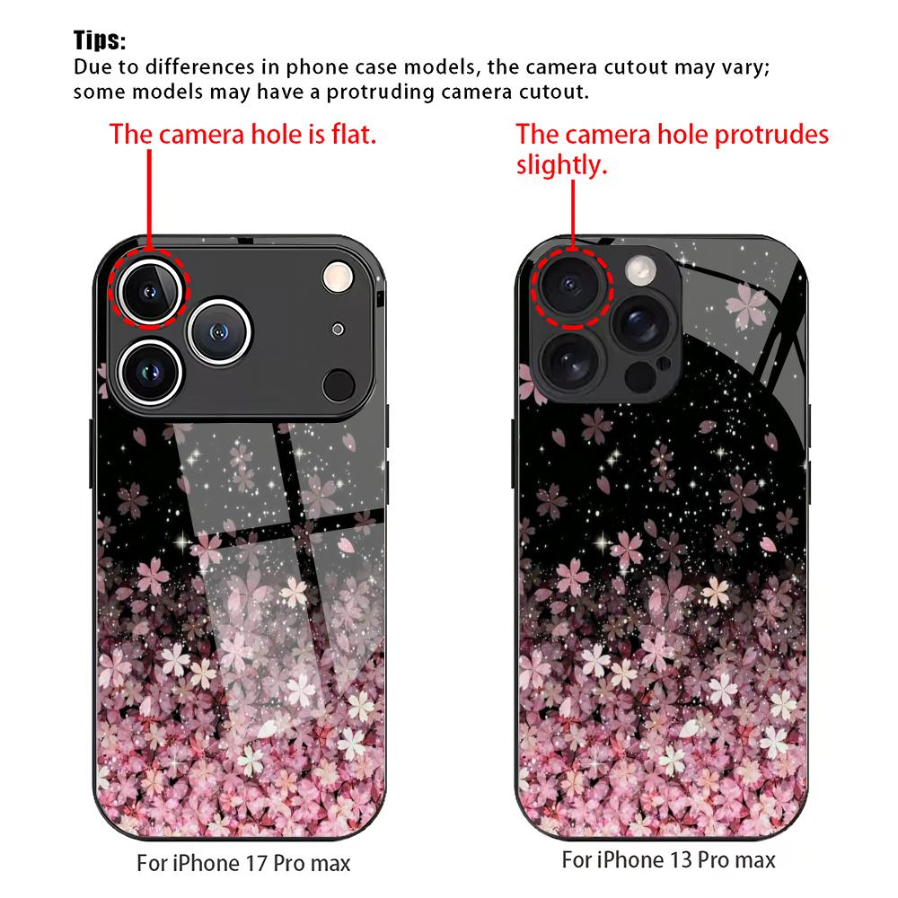 Pink Cherry Blossom Pattern Tempered Glass Phone Case Suitable for iPhone 17 16 15 14 13 12 11 Pro/Max/Plus Anti Drop Back Cover