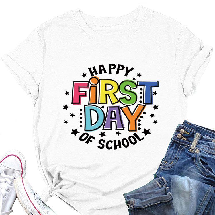 Summer loose crewneck Tshirt happy first day of printed casual shortsleeved fashion top
