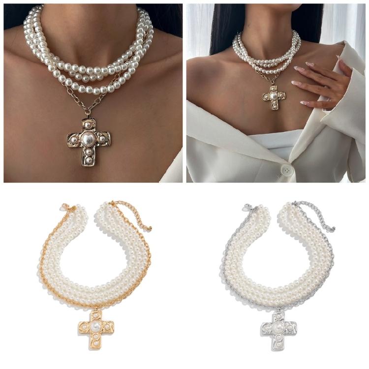 Practical Pearls Embellished Elegant Gold Crosses Necklace Decoration for Women with Layer Statement Pieces Pendant