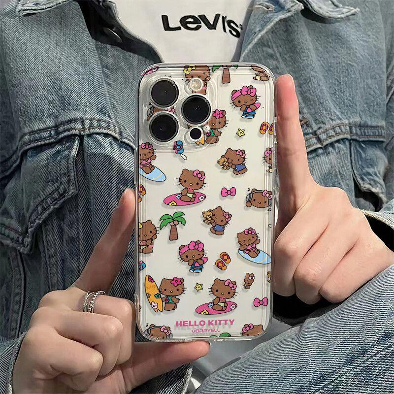 Cute Black Skin Surfing Kitty iPhone Case For iPhone 16 15 14 13 12 11 Pro Max XR XS MAX 78PLUS MINI INS Transparent Cover
