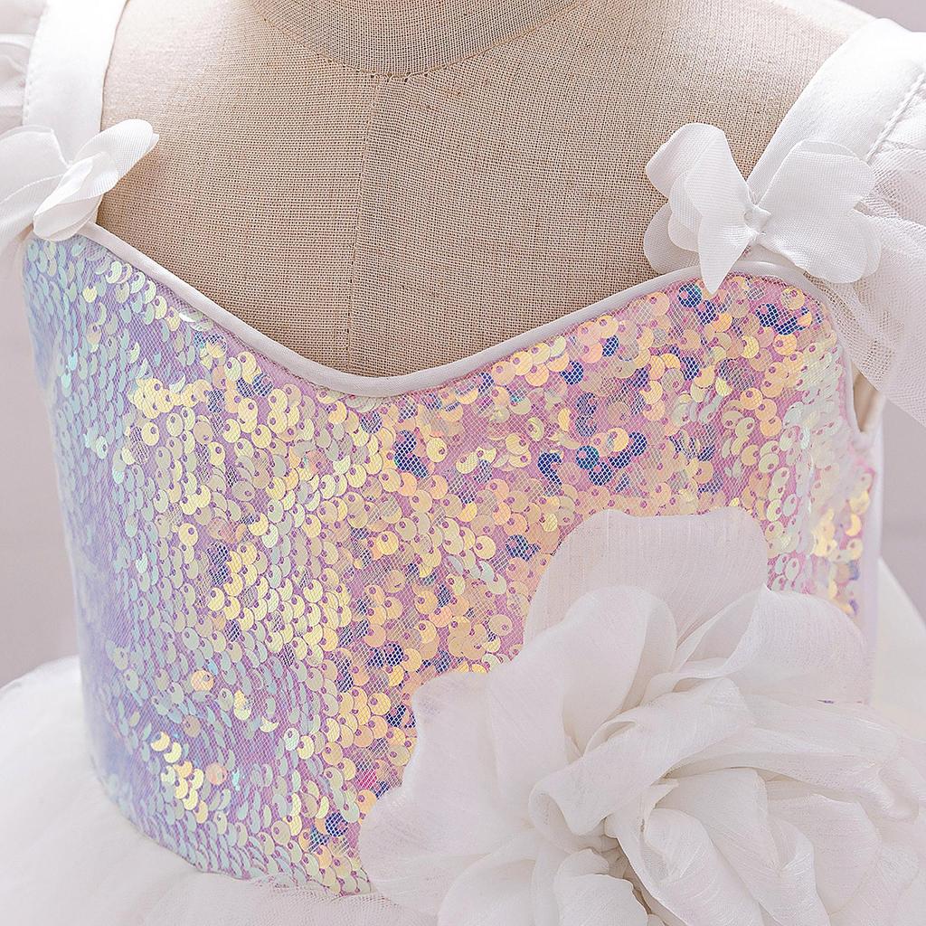 Sukienka Księżniczki z Cekinami z Falbankowymi Rękawami dla Maluchów - Świąteczna Bufiasta Tiulowa Spódnica