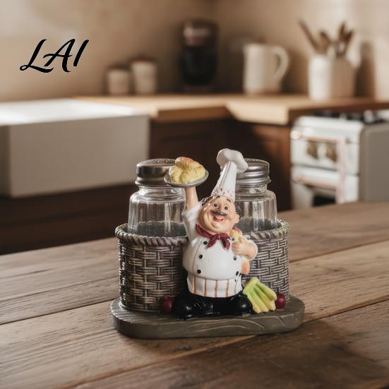 Pepper Shaker Salt And Shakers Set Decorative Resin Chef Statue Spice Bottles Organizer Glass Seasoning Holder for Kitchen Dining Centerpiece