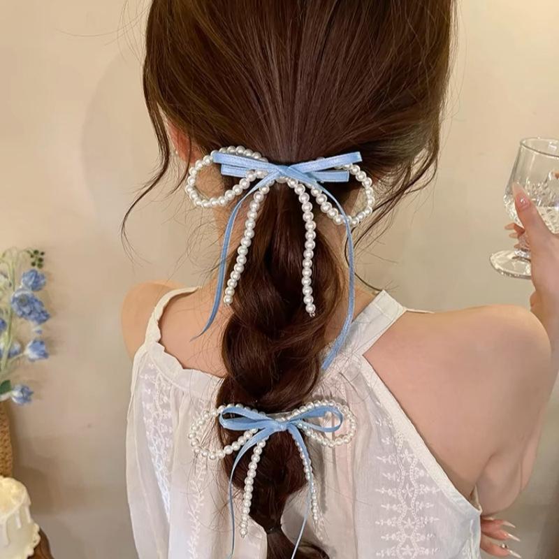 Fairy Ribbon Bowknot Pearl Barrettes Korean Style Sweet Fresh Side Clip Elegant Bow Duckbill Clip Temperament Headdress