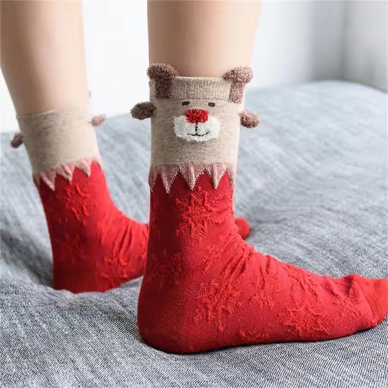 Cute Stereoscopic Christmas Socks Red Cartoon Elk Women Warm Cozy Mid Tube Socks Floor Kawaii Girls New Year Gifts