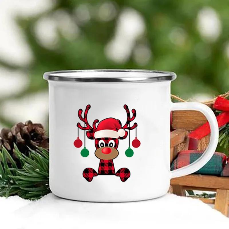 Merry Christmas Print Creative Enamel Coffee Tea Wine Drink Mug Dessert Hot Cocoa Milk Cup Cake Mugs Handle Drinkware Xmas Gifts