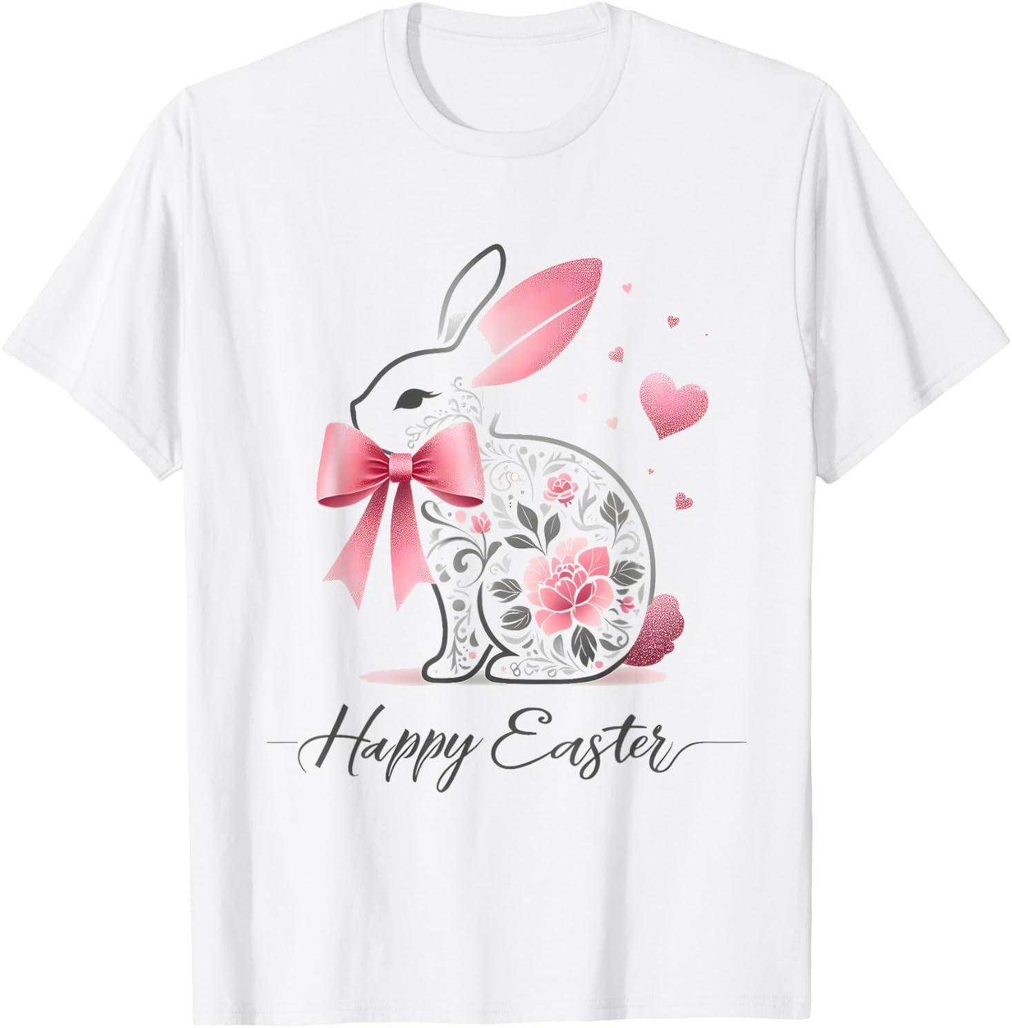 Happy Easter Bunny with Pink Bow and Floral Pattern women T-Shirt M