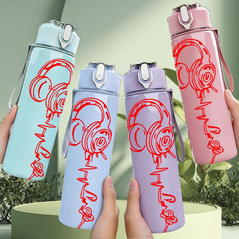 1PC Red Headphone Line Art 750ml Color Plastic Sports Water Bottle Leakproof Flip Straw Lid Suitable for Sports Office Home Use