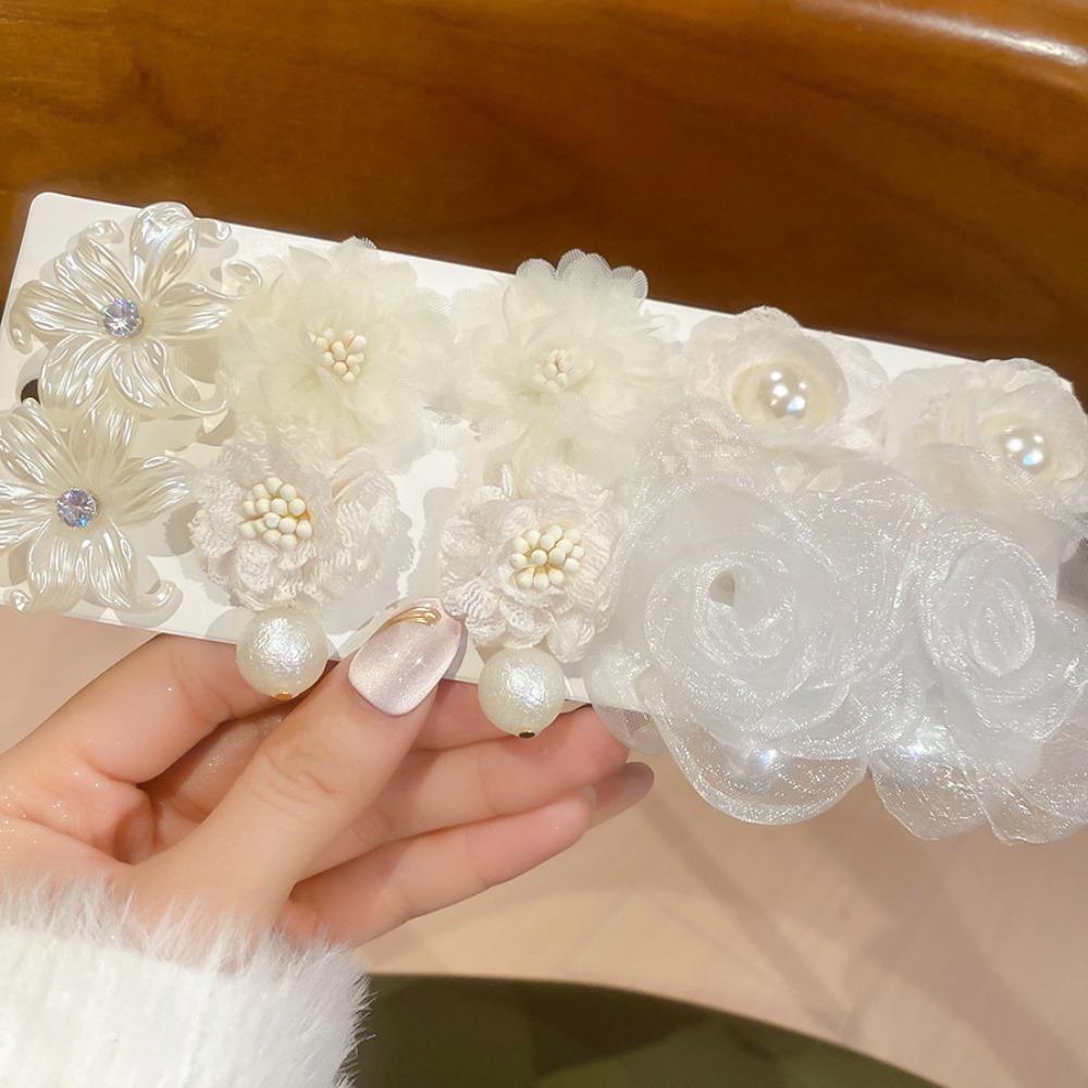5pair White Pearl Flower Earrings Lace Design Imitation Pearl Pearl Stud Earrings Bohemia Style Romantic Dangle Earrings