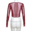 Women's Black Mesh Long Sleeve Corset Top, Square Neck Sheer Boned Crop Top for Streetwear & Party